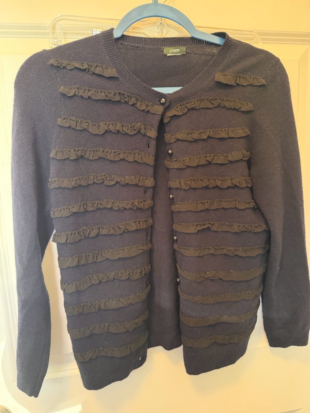 J. Crew Navy Ruffle-Trim Crewneck Cardigan